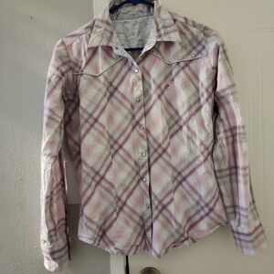 Plaid Snap Button Down Shirt - Pink Grey and White Size M